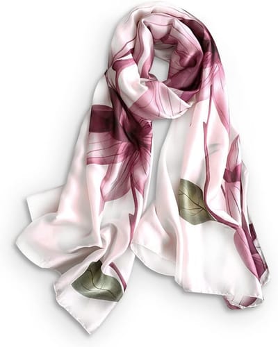 Zijde Sjaal voor Vrouwen met Bloemen en Bladeren - Elegante Lange Neckerchief voor Alle Seizoenen, Zacht en Warm, Ideaal als Modeaccessoire en Zonnebrandbescherming, Roze Floral, One Size
