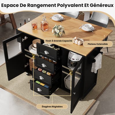 HAUSS SPOLE Keukeneiland - Klaptafel Met 4 Laden En Opbergruimte - 2 Deuren Met Glas En Kruidenrek - MDF+Metaal - 137,9x73x92,5 cm - Zwart