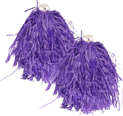 Cheerballs/pompoms - 2x - paars - met franjes en ring handgreep - 28 cm