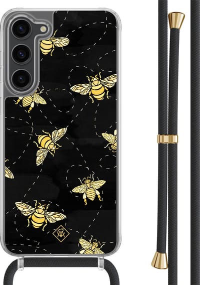 Casimoda® hoesje met zwart koord - Geschikt voor Samsung S23 Plus - Bee Happy - Afneembaar koord - TPU/polycarbonaat - Zwart