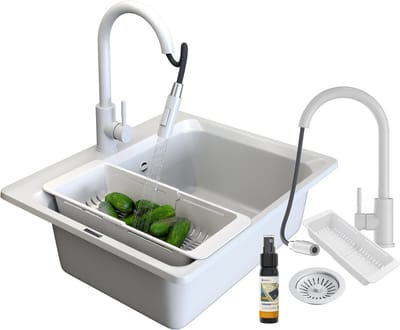 Granitan Spoelbakken Granieten Zante - Wasbak Keuken Met Sifon Afdruiprek en Kraan- 62x52x20cm - Wit