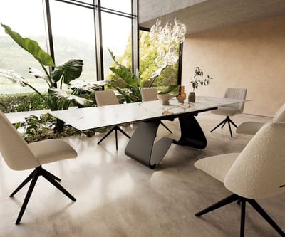 Eetkamertafel Edge keramiek Calacatta Luxe wit-goud-grijs 200-300x100 W-frame zwart uitschuifbaar