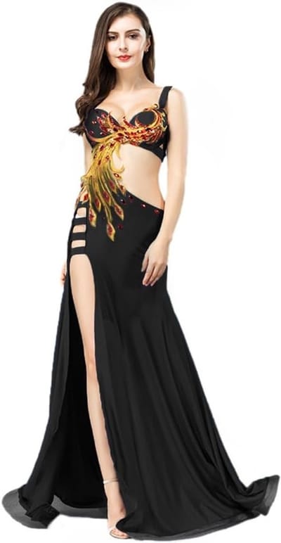 Exquise buikdansoutfit voor vrouwen met bh, lange jurk met phoenix totem, sexy plus size buikdanskleding en elegante oriëntaalse dansmode