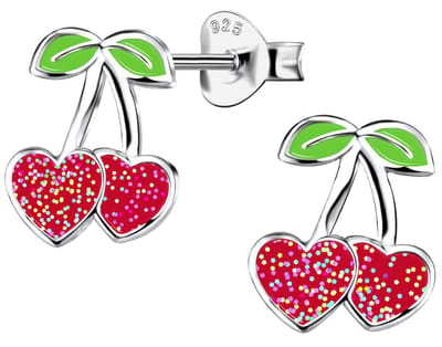 Joy|S - Zilveren kers oorbellen - 9 x 10 - rode hartjes met glitter - rhodium / gehodineerd - kinderoorbellen