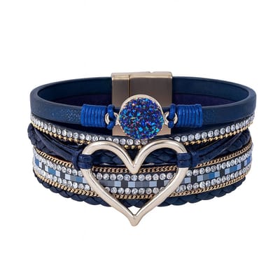 Blauwe Wikkel armband voor dames met Goudkleurig Hart & Strass – Luxe Boho Design met Magneetsluiting voor vrouwen