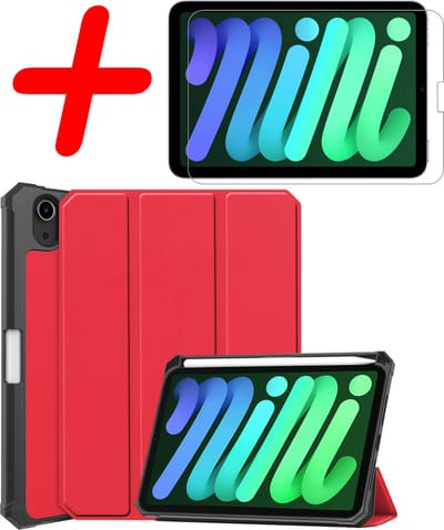 Hoesje Geschikt voor Apple iPad Mini 6 (2021) - 8.3 inch - 6e Generatie - Met Screenprotector - Trifold Bookcase - Hard Cover Case - Met Uitsparing Geschikt voor Apple Pencil - Hardcover Book - Tablet Hoes - Rood