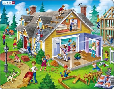 Larsen Klussen aan huis en tuin – Puzzel – Educatief – Beroepen en wonen – Educatieve legpuzzel voor kinderen – 62 stukjes – Gemaakt in Noorwegen – Extra dikke 2,5 mm stukjes – Tray met vaste rand