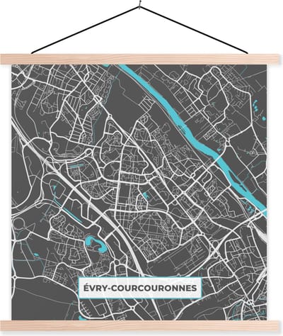 Posterhanger incl. Poster 40x40 cm - Schoolplaat - Évry-Courcouronnes - Frankrijk - Kaart - Stadskaart - Plattegrond - Textielposter - Blanke latten - Stadskaart
