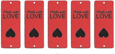 5 luxe PU lederen labels - Made with Love - Rood - Handgemaakt label set 5 stuks - 5 X 2 CM - vouwbaar