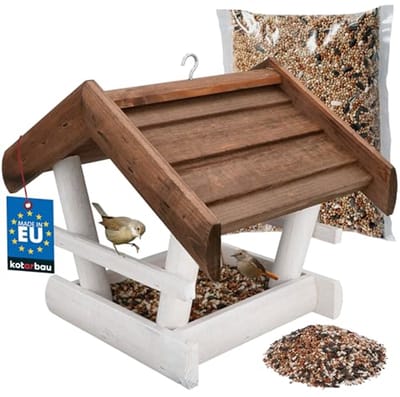KOTARBAU® Hangend houten, 24x30,5x25,5 cm, Inclusief 0,5 kg Vogelfoer, Vogelvoederhuisje, Vogelvoederhuisje om op te Hangen, Voederhuis, Wit & Bruin