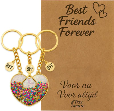BFF Sleutelhanger voor 3 'Best Friends Forever' - Magnetisch Glitter Hartje - Sleutelhangers op Cadeau Kaartje - Goudkleurig - Vriendschap Symbool - Pax Amare