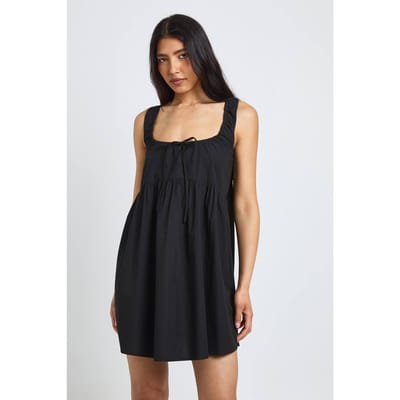 boohoo Dames Lange Jurk Met Strikdetail Vooraan Mini Smock Model | Zwart | Maat: 34