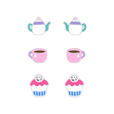 Joy|S - Zilveren oorbellen set - 3 paar - tea time - theepot - theekopje - cupcake oorknoppen