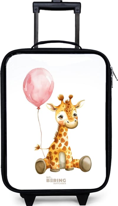NoBoringSuitcases.com® - Kinderkoffer jongen - Kindertrolley meisje - Giraffe met roze ballon - Koffer kind lichtgewicht - Reiskoffer trolley voor kinderen - Koffertje met lichtgevende wieltjes - Rolkoffer zwart
