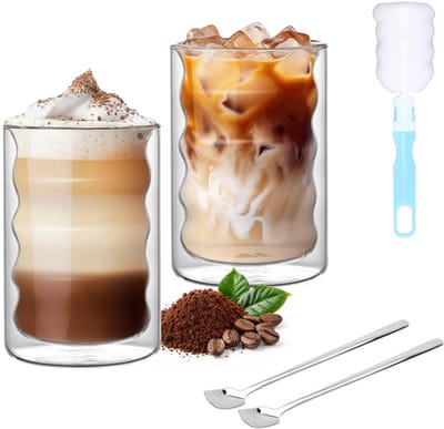 Macchiato-glazen, set van 2 stuks, 375 ml, dubbelwandig, geïsoleerde koffieglazen met lepel en borstel, grote thermoglazen voor koffie, thee en cappuccino