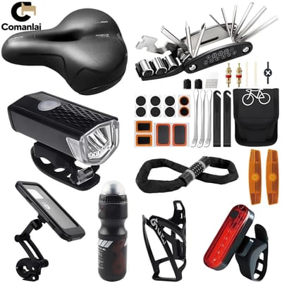 Velmio 8-in-1 Fietsset - Fietszadel - Multitool & Lichtset - Waterfles & Waterfleshouder - Telefoonhouder & Bandenreparatieset - Fiets Survivalkit - Voor Kamperen en Outdoor