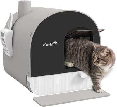 PawHut Katzentoilette mit Deckel, Katzenklo inkl. Schaufel und Streu-Matte, Ausziehbares Tablett, Katzenklo für Katzen bis 5 kg, Grau, 43 x 44 x 47 cm