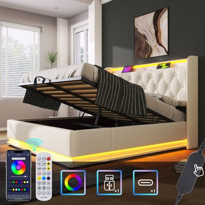 Gestoffeerd tweepersoonsbed, 360° LED-verlichting rondom, bediening via drukknop/app/afstandsbediening, 180*200 cm, wit PU-materiaal, hydraulisch opbergbed, gewatteerd hoofdeinde met USB Type-C-oplaadfunctie (matras niet inbegrepen)