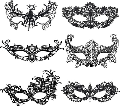 Set van 6 Zwarte Kanten Venetiaanse Maskers voor Vrouwen - Sexy Oogmaskers voor Halloween, Bal en Verkleedpartijen