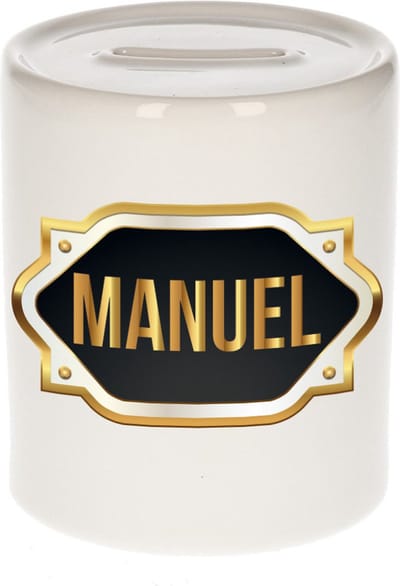 Spaarpot met voornaam Manuel - wit - met goud/zwart embleem - 8 x 9 cm - keramiek - met afsluitdop - cadeau verjaardag