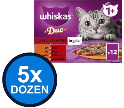 5x Whiskas - 1+ Pouch Adult Gelei Duo Classic Selectie Multipack (12x85g) - Kattenvoer Natvoer - 1.02 kg