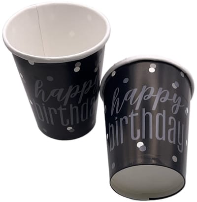 Kartonnen bekertjes verjaardag Happy Birtday zwart - 8 stuks - Unique - 270 ml - wegwerp bekers zwart 8 stuks Happy Birthday