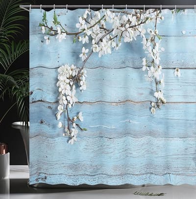 Floraweg Douchegordijn,Shower Curtain,badgordijn,badkamergordijn,Witte bloemen en planken,-topkwaliteit - digitale printen -Anti Schimmel - Inclusief 12 ringen -met 12 stuks douchegordijnhaken – Waterdicht -Wasbaar- Polyester - 180x200 cm