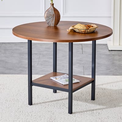 Wishdor - Ronde Eettafel - Met Opbergplank En Metalen Frame - Modern Minimalistisch - Eetkamer - MDF En Metaal - Walnoot - 100 Cm