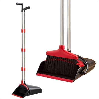 Lomera Stoffer En Blik Met Lange Steel - Verstelbare Steel - Extra Lange Steel - Binnen En Buiten - Flexibele Rubberen Rand - Ingebouwde Schoonmaaktanden - Zwart En Rood - Steel Vastklemmen - 4 Lagen Borstelharen