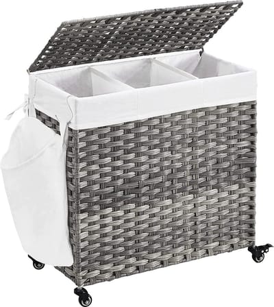 MIRA Home - wasmand met wieltjes - wasopberger - grijs - metaal/katoen - 66x33x60
