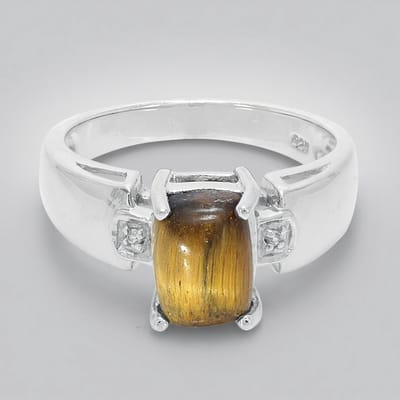 Cavill - Zilveren Ring - 925 Sterling Zilver - 1,99 ct Tijgeroog en Witte Topaas - Elegante, Chique Ring met Cabochon Steen - Ring Maat 17