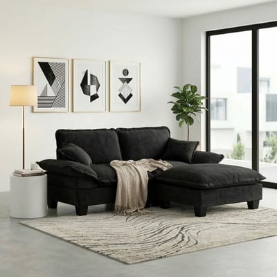 OKWISH Hoekbank 194 x 151 x 90 cm - Met Verplaatsbare Ottomaan En Zachte Kussens - Voor Woonkamer Of Appartement - Chenille - Zwart