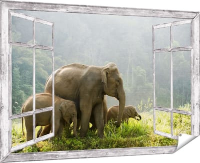 Gards Tuinposter Doorkijk Olifanten Familie in de Jungle - Olifant - 180x120 cm - Tuindoek - Tuindecoratie - Wanddecoratie buiten - Tuinschilderij