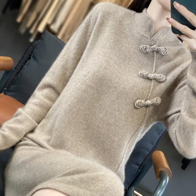 Lange wollen jurk voor dames met gesp staande kraag in herfst en winter Nieuwe huidvriendelijke en warme retro veelzijdige kasjmier gebreide rok XXL gray