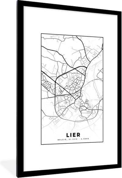 Fotolijst incl. Poster Zwart Wit- België – Lier – Stadskaart – Kaart – Zwart Wit – Plattegrond - 80x120 cm - Posterlijst