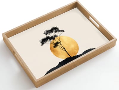 Dienblad hout 50x35 cm - Schootdienblad - Zwarte boom - Gouden cirkel - Heuvel - Borrelplank rechthoek - Plateau dienbladen