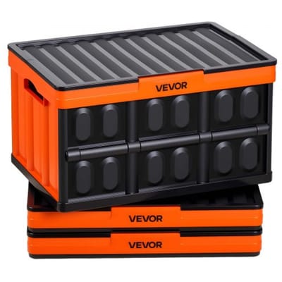 VEVOR Opvouwbare Opbergdozen 45 L 3-pack, Opvouwbare Plastic Opbergdozen, Stapelbare Opvouwbare Manden met Deksel, 20 kg Draagvermogen per Doos, Opvouwbare Krat, Ideaal voor Huishoudelijke Organisatie, Oranje & Zwart
