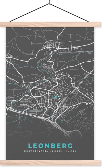 Posterhanger incl. Poster 60x90 cm - Schoolplaat - Duitsland – Blauw – Leonberg – Stadskaart – Kaart – Plattegrond - Textielposter - Blanke latten - Stadskaart