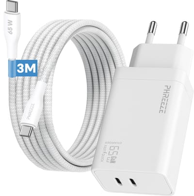 Phreeze usb C oplader 65w met usb C naar usb C kabel 3 meter - Power Delivery snellader met 2 usb C poorten voor laptop en telefoon