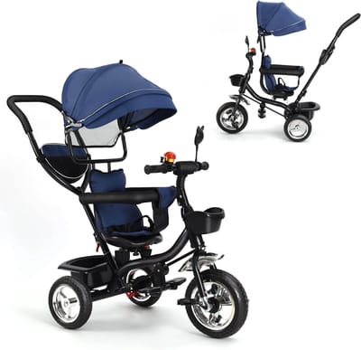 Kinderdriewieler - Evolutieve fiets - Veilig op pad - Zonnescherm en verstelbaar - 1-7 jaar - Blauw