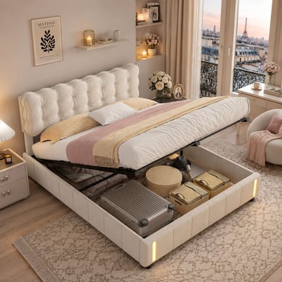 Opbergbed 140x200 cm, Tweepersoonsbed met lattenbodem en slimme LED-verlichting met sensor - Gestoffeerd met dik pluche hoofdbord, metalen bedframe, Fluwelen Beige