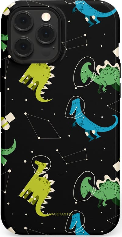 Casetastic hoesje geschikt voor Apple iPhone 12 Pro Max - MagSafe - Dubbellaagse bescherming - Dino in de sterren - Fashion Case - Zwart Groen