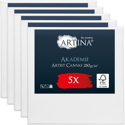 Artina Akademie – Set van 5 Schilderdoeken Canvas 20x20 cm – Spieraam van FSC® Hout – Wit Canvas 100% Katoen – 280 g/m133