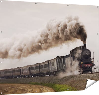 Gards Tuinposter Locomotief Trein met Rook Wolken - 150x120 cm - Tuindoek - Tuindecoratie - Wanddecoratie buiten - Tuinschilderij