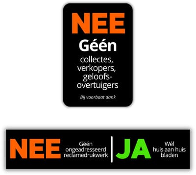 Nee Ja Brievenbus Sticker + Geen Collectes en Verkopers Sticker - Complete Voordeur Set van 2 stuks - UV en Waterproof - 14x3cm en 5x7.5cm