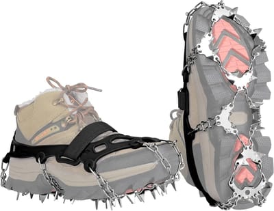 Famanu - Stijgijzers, ijsnoppen, antislip, sneeuwgrips voor laarzen, schoenen met 32 roestvrijstalen spikes, antislip voor wandelen, hiken, klimmen, vissen en bergbeklimmen
