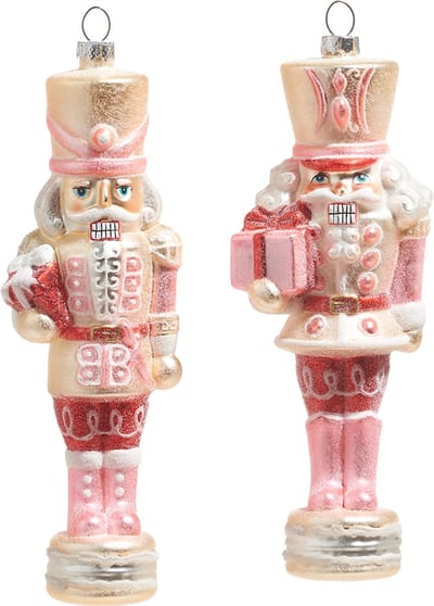 Viv! Christmas Kerstornament - Notenkraker met Cadeaus - set van 2 - glas - roze - 20cm