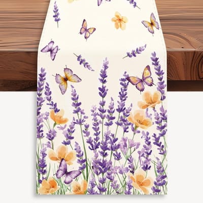 Tafelloper met Lavendelbloemen en Vlinders, 33 x 183 cm, Bloemmotief voor Keuken en Eetkamer, Perfect voor Lente en Zomer Decoratie