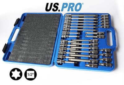 Uitgebreide 1/2" Torx doppenset met 32 Torx doppen in verschillende lengtes en maten (32-delig)
