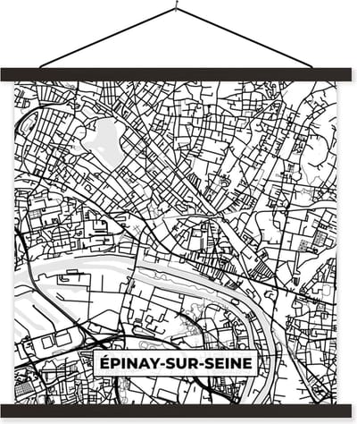 Posterhanger incl. Poster 60x60 cm - Schoolplaat - Frankrijk - Plattegrond - Épinay-sur-Seine - Stadskaart - Kaart - Zwart wit - Textielposter - Zwarte latten - Stadskaart